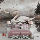 Princess swan wallpaper creating an enchanted nursery with gentle moonlight glow