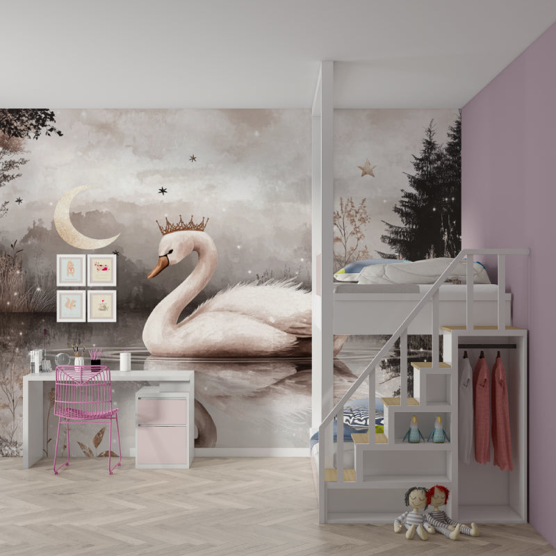 Elegant swan princess mural in a reading nook with cozy cushions and soft lighting