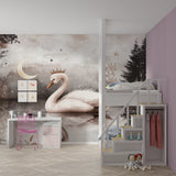Elegant swan princess mural in a reading nook with cozy cushions and soft lighting