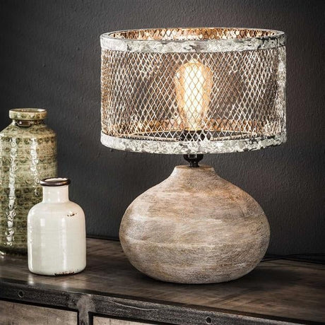 Industrial Table Lamp  Mesh Metal Shade With Rustic Wood Base - Product detail 4