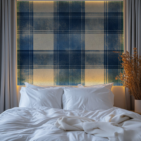 Blue and beige tartan wallpaper creating a cozy atmosphere in a modern living room