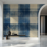 Classic plaid wallpaper pattern showcased in a bright dining room