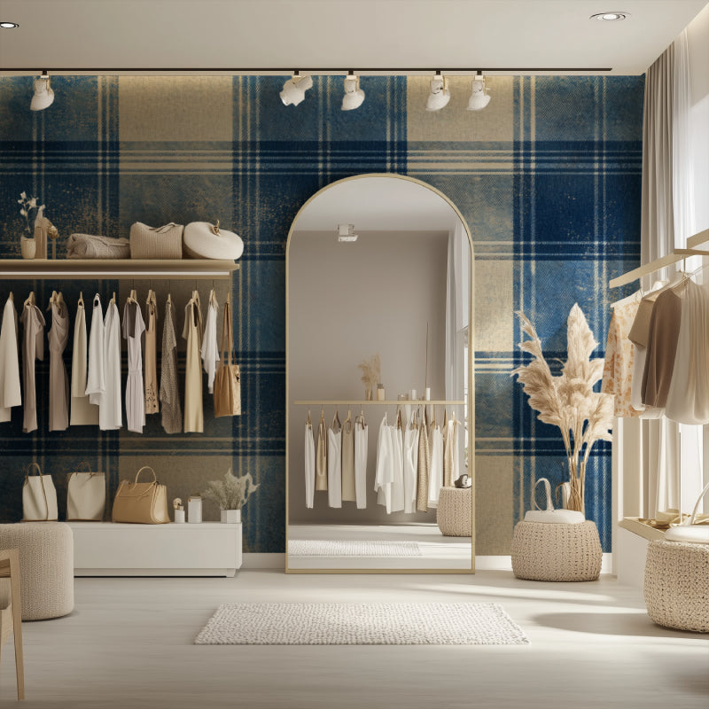 Blue tartan wallpaper creating depth in an entryway setting