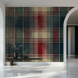 Tartan wallpaper in a cozy living room setting, highlighting the vintage Scottish pattern's warm tones