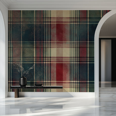 Tartan wallpaper in a cozy living room setting, highlighting the vintage Scottish pattern's warm tones