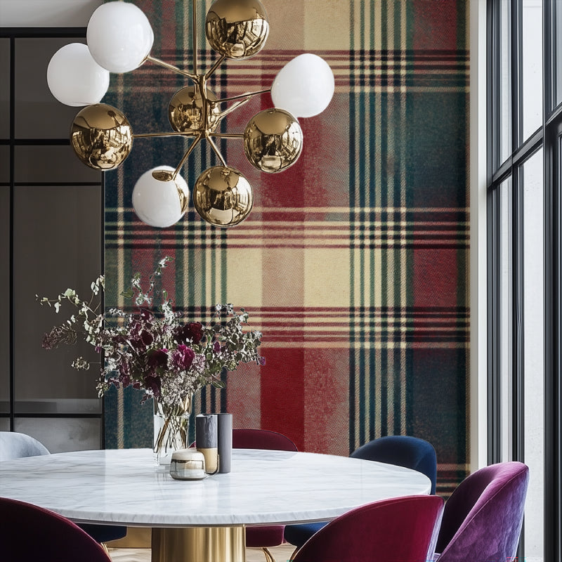 Classic plaid wallpaper bringing character to a modern dining room space