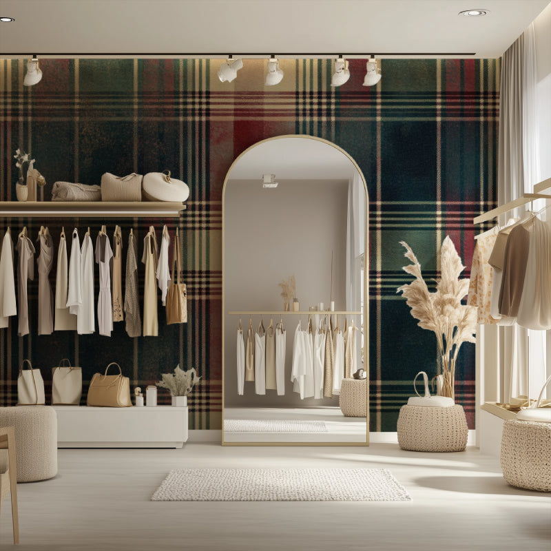 Scottish tartan wall mural creating depth in a home office setting