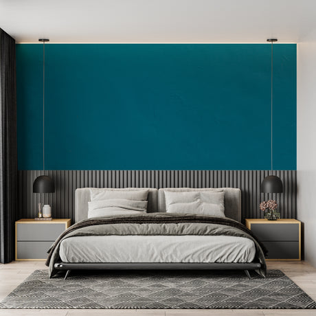 Teal wall mural in modern living room showcasing clean lines and contemporary furniture