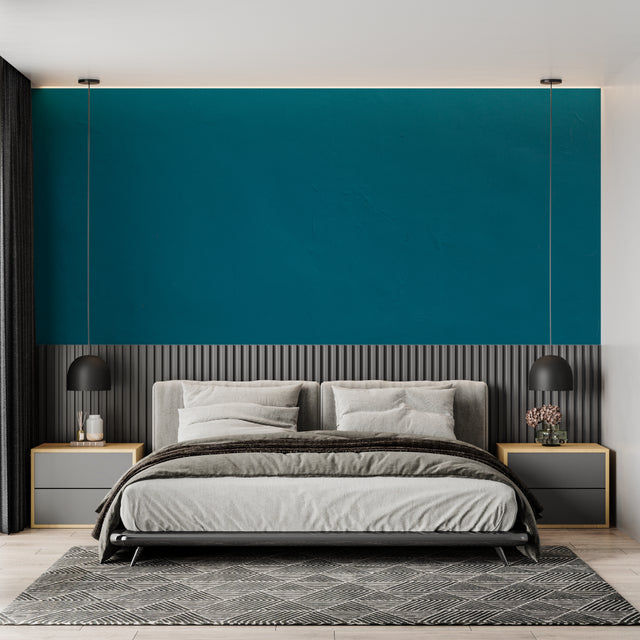 Teal wall mural in modern living room showcasing clean lines and contemporary furniture
