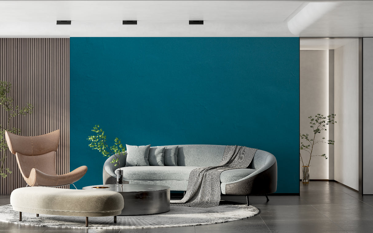 Minimalist bedroom featuring solid teal wall mural with natural light