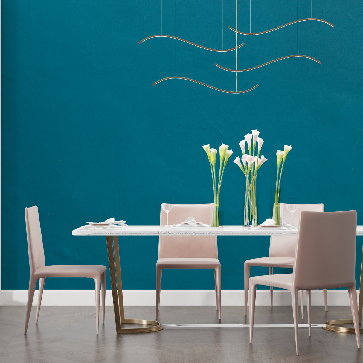 Dining room with teal accent wall mural showing elegant modern design