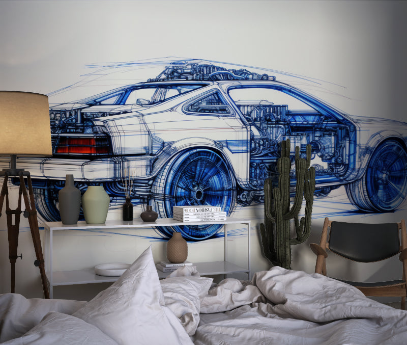 Car blueprint wallpaper creating a modern home office with blue technical drawings and sophisticated appeal