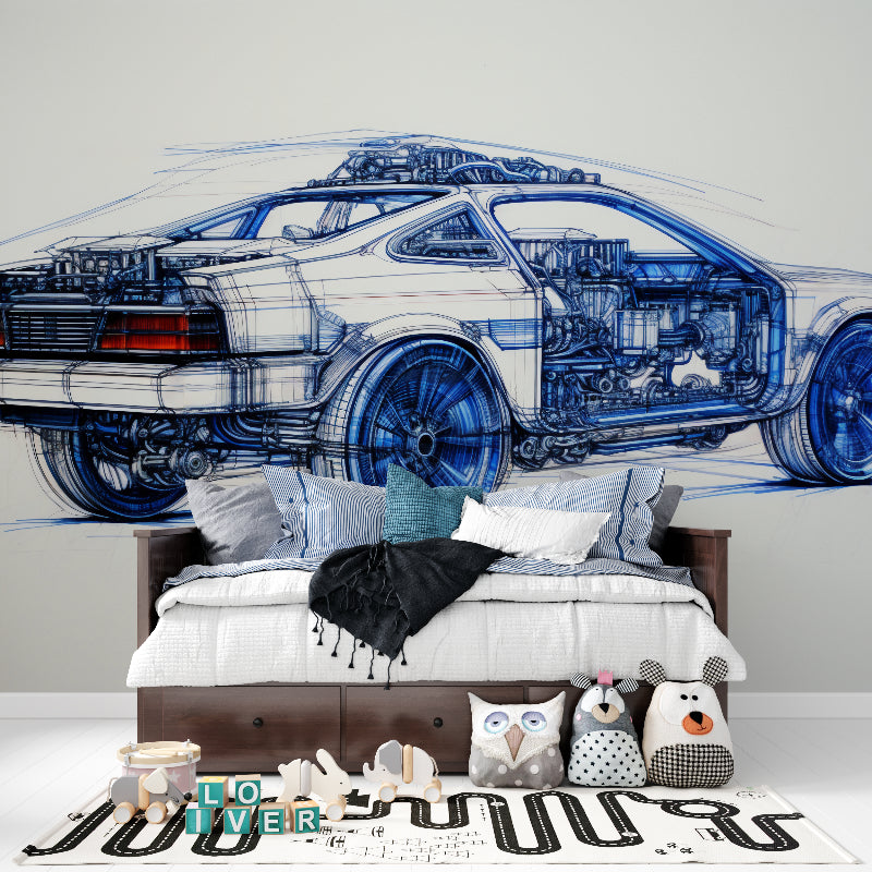Technical car wallpaper displayed in a teenage bedroom showing detailed automotive schematics