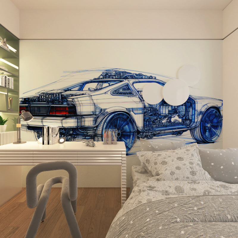 Blueprint car mural adding engineering style to a modern living room space