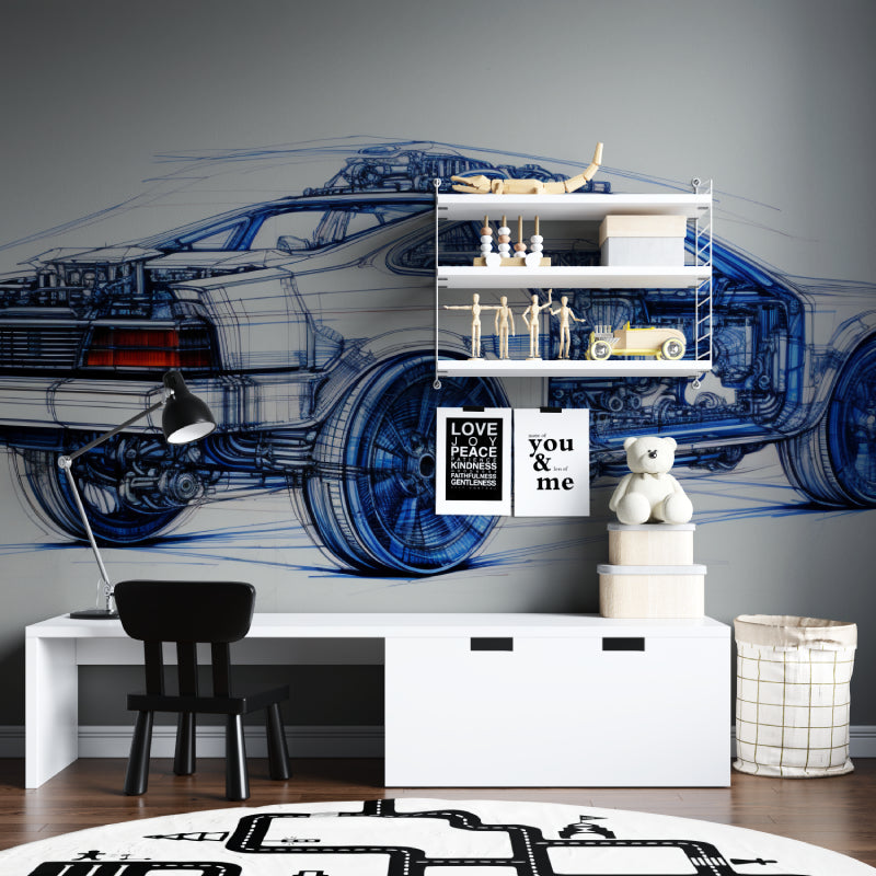 Automotive blueprint wallpaper installed in a study showing precise mechanical details