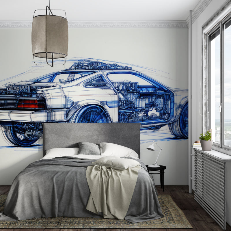 Car technical drawing mural creating an industrial feel in a gaming room