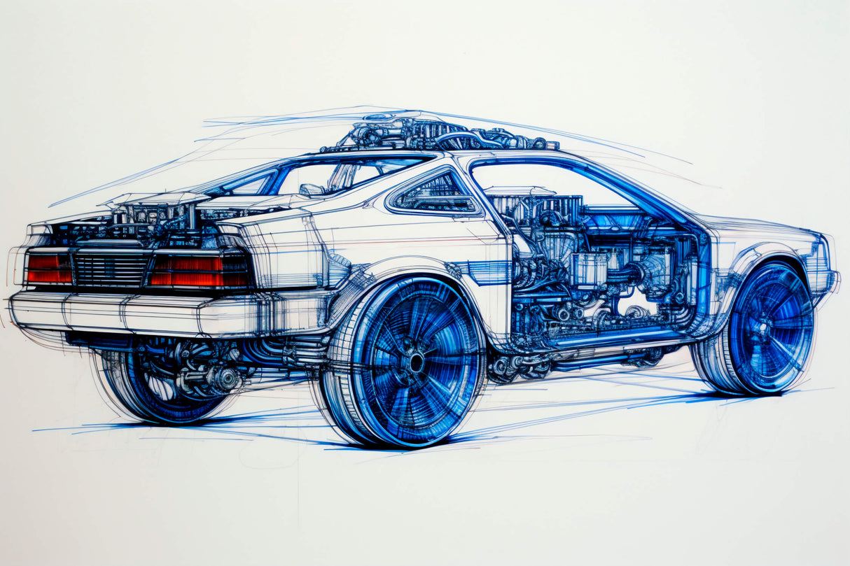 Technical car blueprint design file showing detailed automotive engineering drawings in crisp blue and white