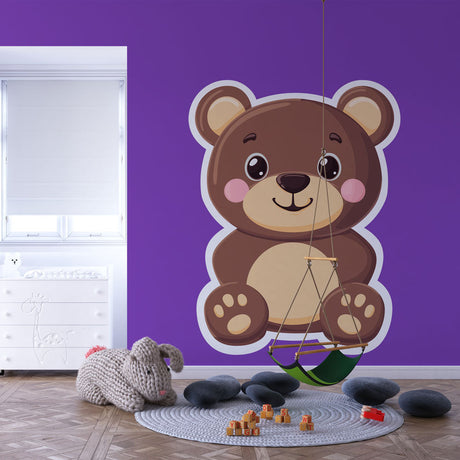 Purple Teddy Bear Wallpaper creating a cozy atmosphere in a modern nursery with white furniture and soft lighting