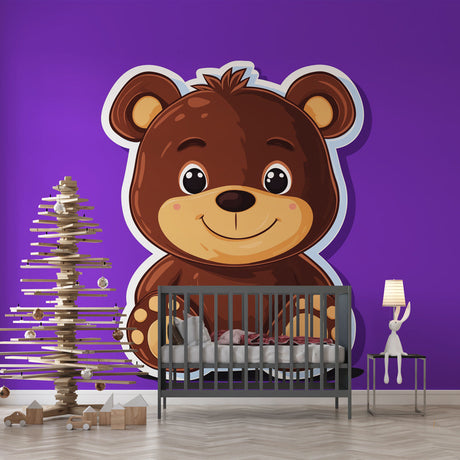 Purple Teddy Bear Wallpaper creating a cozy atmosphere in a modern nursery with white furniture and soft lighting