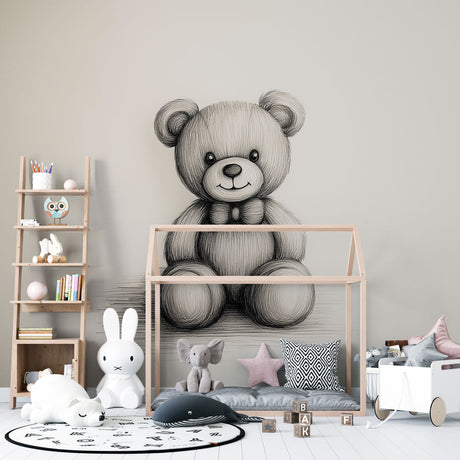Black and white teddy bear wallpaper creating a cozy atmosphere in a modern nursery with neutral decor