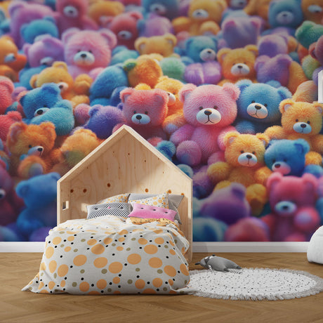Teddy bear wallpaper creating a warm, playful atmosphere in a modern nursery with soft lighting and natural wood furniture