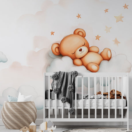 Teddy bear wallpaper creating a cozy atmosphere in a white nursery with wooden furniture and soft lighting