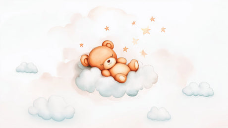 Teddy bear nursery wallpaper design file showing sweet sleeping bear on clouds with twinkling stars pattern