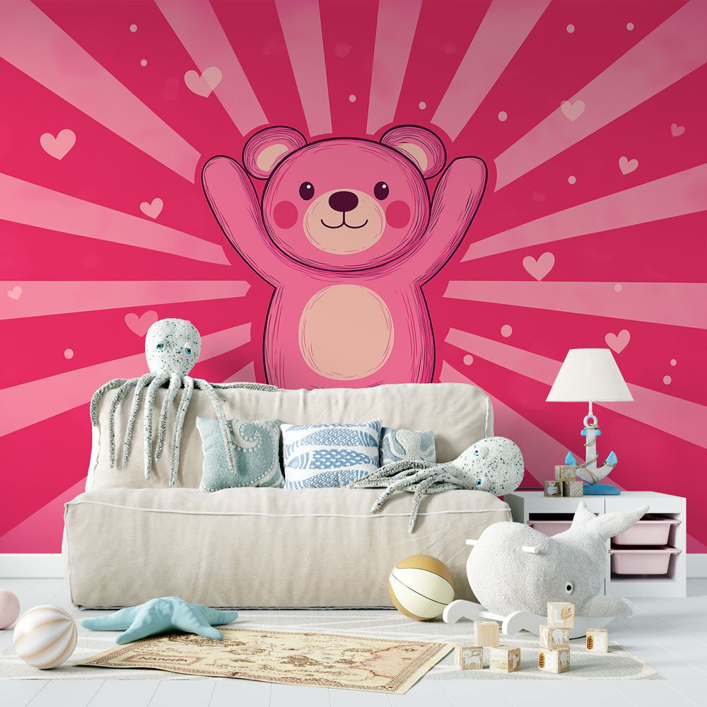 Teddy bear wallpaper with pink hearts creating a warm atmosphere in a modern nursery with white furniture