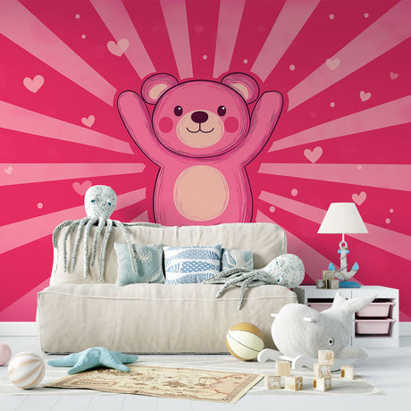 Teddy bear wallpaper with pink hearts creating a warm atmosphere in a modern nursery with white furniture