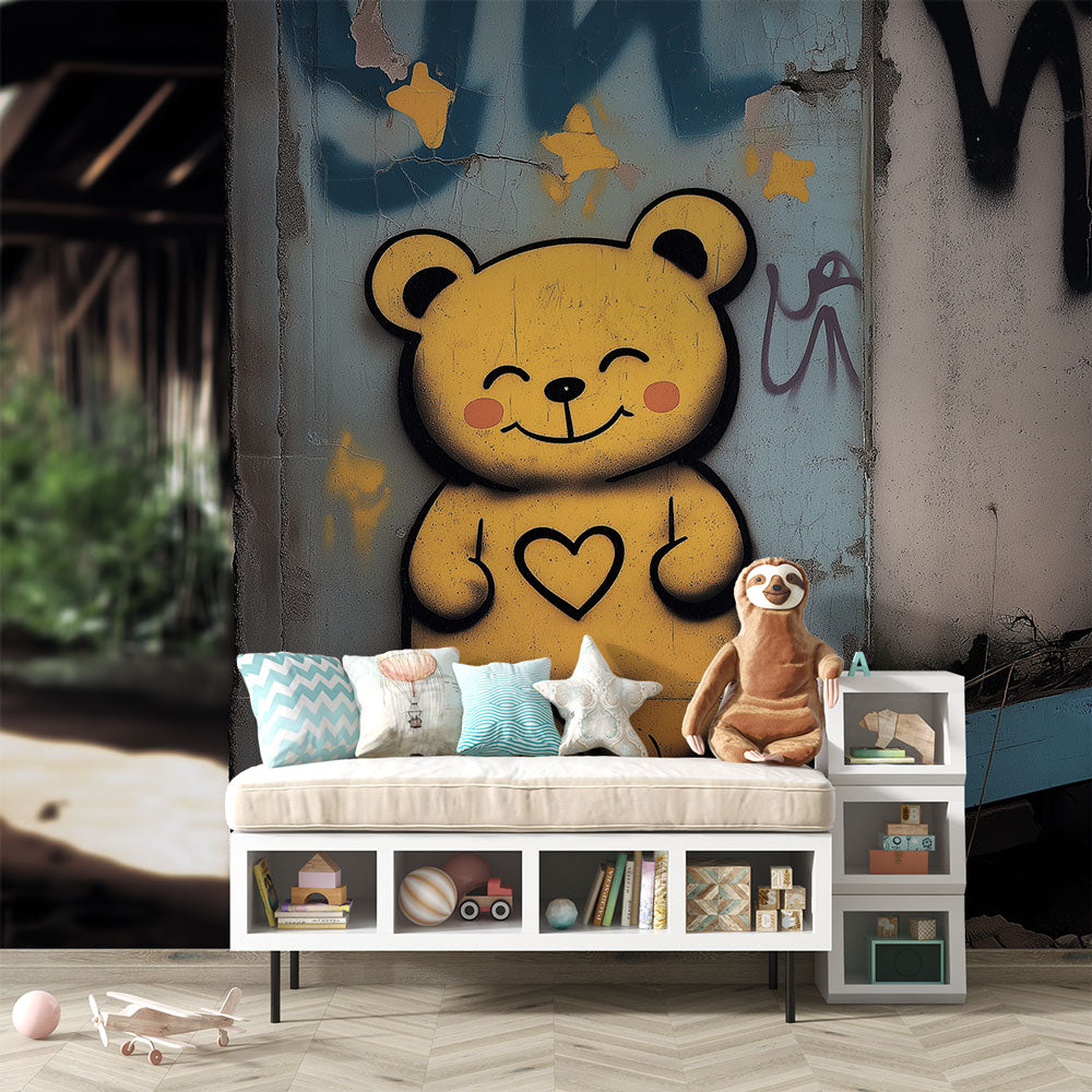 Graffiti bear wallpaper bringing urban charm to a modern teen bedroom, golden stars adding a magical touch to blue-grey walls