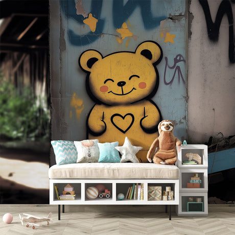 Graffiti bear wallpaper bringing urban charm to a modern teen bedroom, golden stars adding a magical touch to blue-grey walls