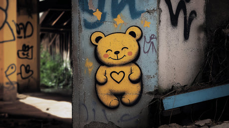 Yellow teddy bear graffiti design file showing street art style pattern with scattered golden stars