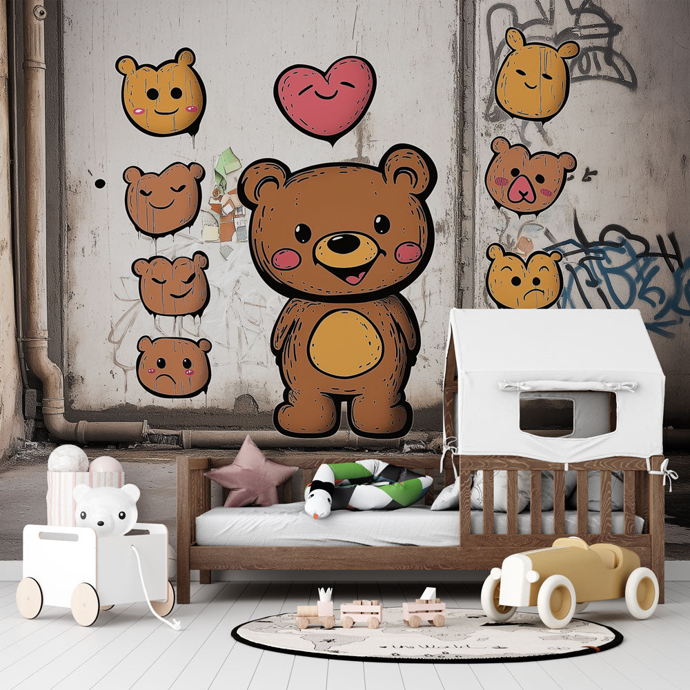 Street art teddy bear wallpaper brings urban cool to a modern kids bedroom, showing playful design with heart motif