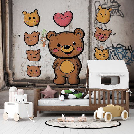 Street art teddy bear wallpaper brings urban cool to a modern kids bedroom, showing playful design with heart motif