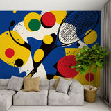 Tennis wallpaper mural creating a dynamic atmosphere in a modern home gym with exercise equipment