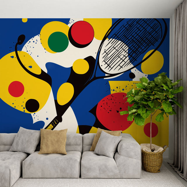 Tennis wallpaper mural creating a dynamic atmosphere in a modern home gym with exercise equipment