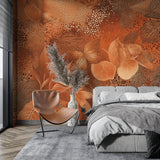 Terracotta botanical wallpaper in modern living room creates warm, inviting atmosphere