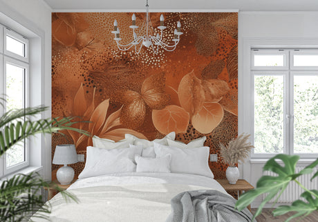 Terracotta floral wallpaper creating a warm atmosphere in a modern living room with natural light