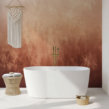 Terracotta ombre wallpaper in modern living room setting, showing fluid gradient from beige to burnt sienna