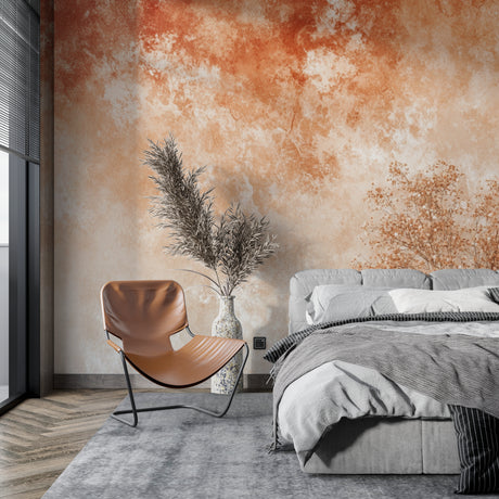 Terracotta watercolor wallpaper in modern living room creating warm, inviting atmosphere