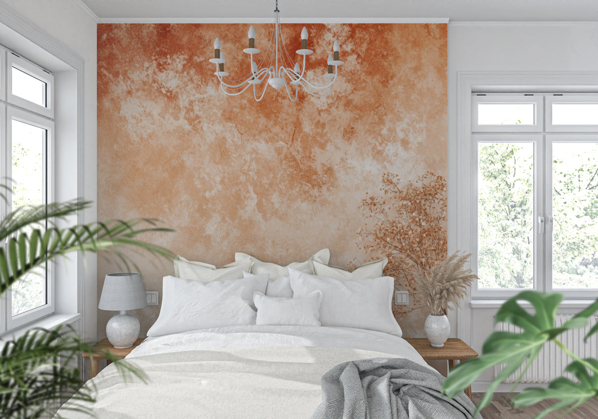 Abstract terracotta wallpaper in contemporary hallway creating depth
