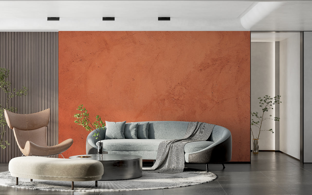 Terracotta wall mural in modern living room showing textured finish and warm Mediterranean tones