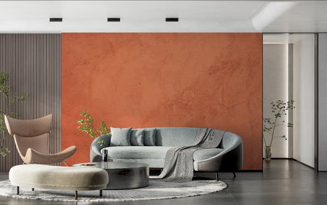 Terracotta wall mural in modern living room showing textured finish and warm Mediterranean tones