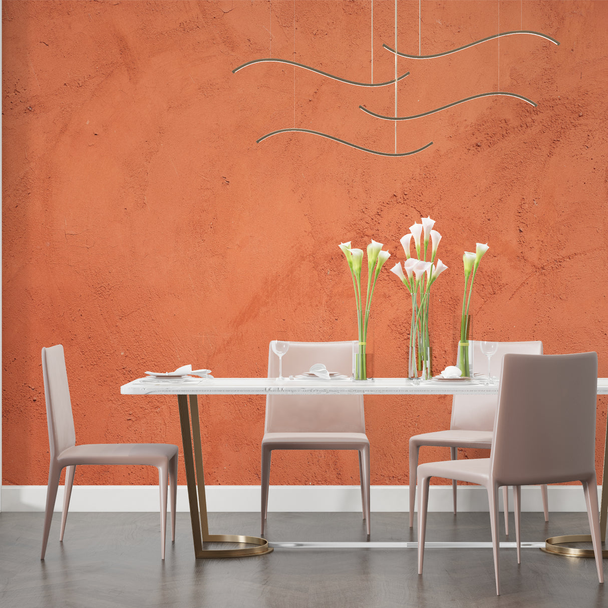 Textured terracotta wallpaper creating cozy atmosphere in dining room space