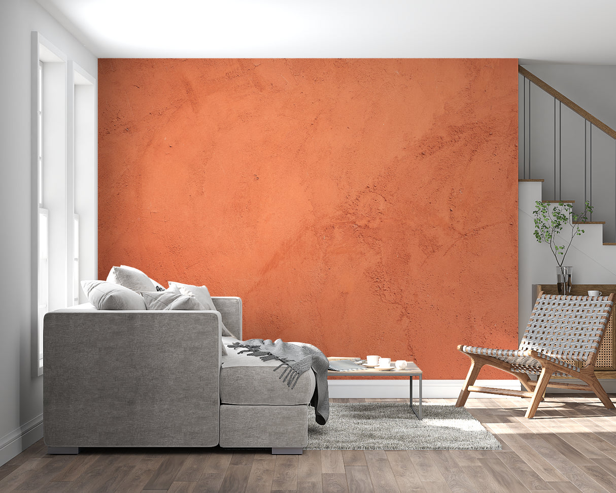 Modern bedroom featuring terracotta mural wallpaper with natural lighting