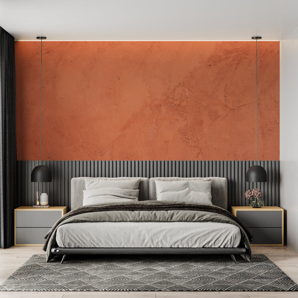 Home office with terracotta textured wall mural showing depth and shadows