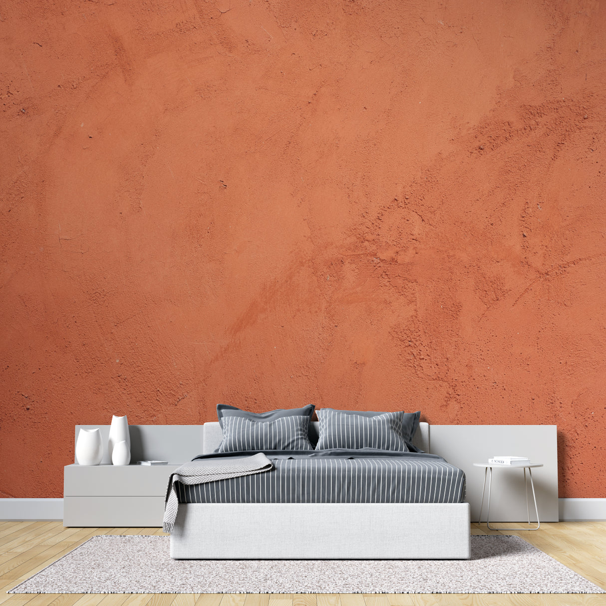 Hallway showcase of modern terracotta wallpaper with minimal furniture