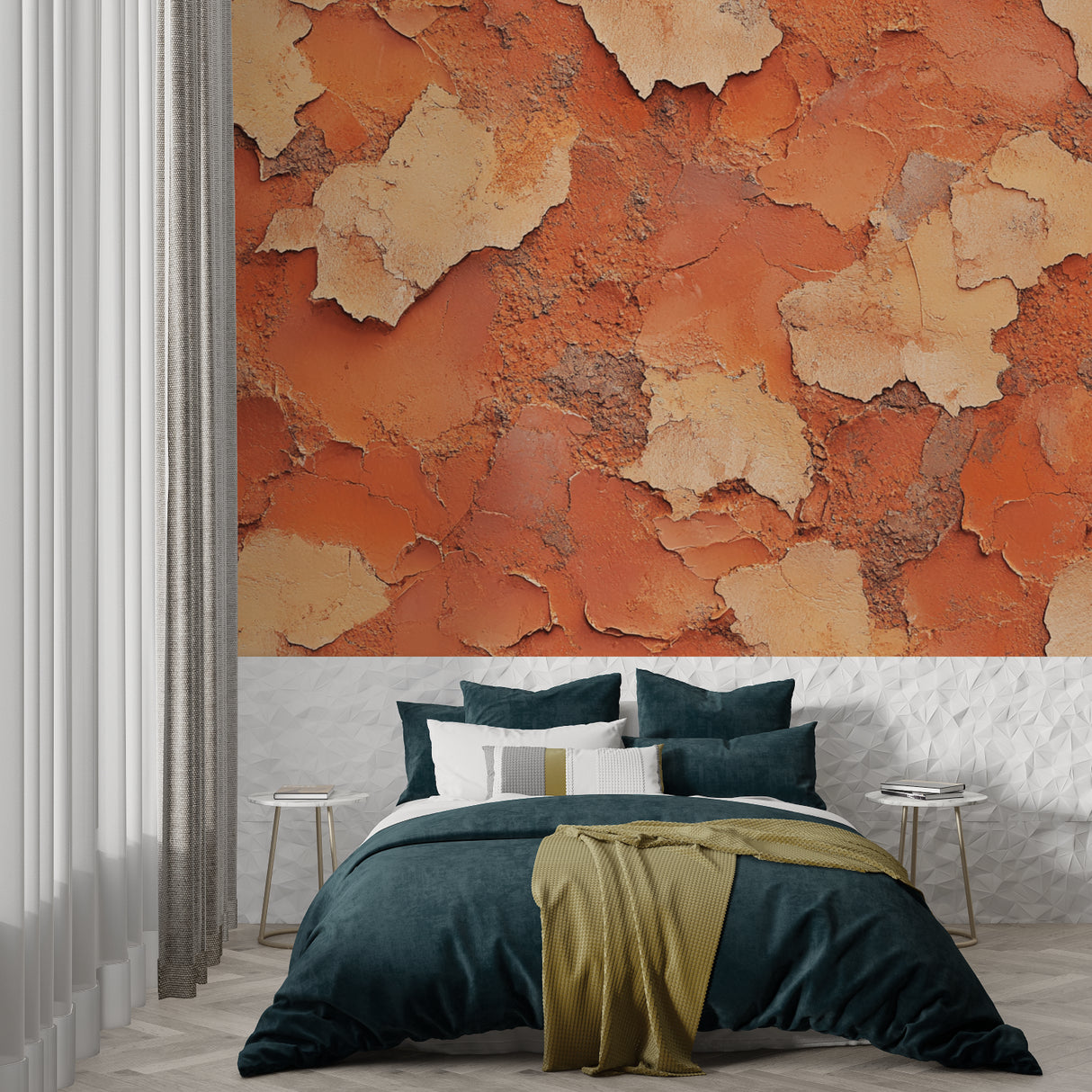 Bedroom featuring warm terracotta wall mural with natural beige tones