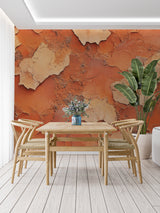 Home office space with textured terracotta wallpaper creating cozy atmosphere