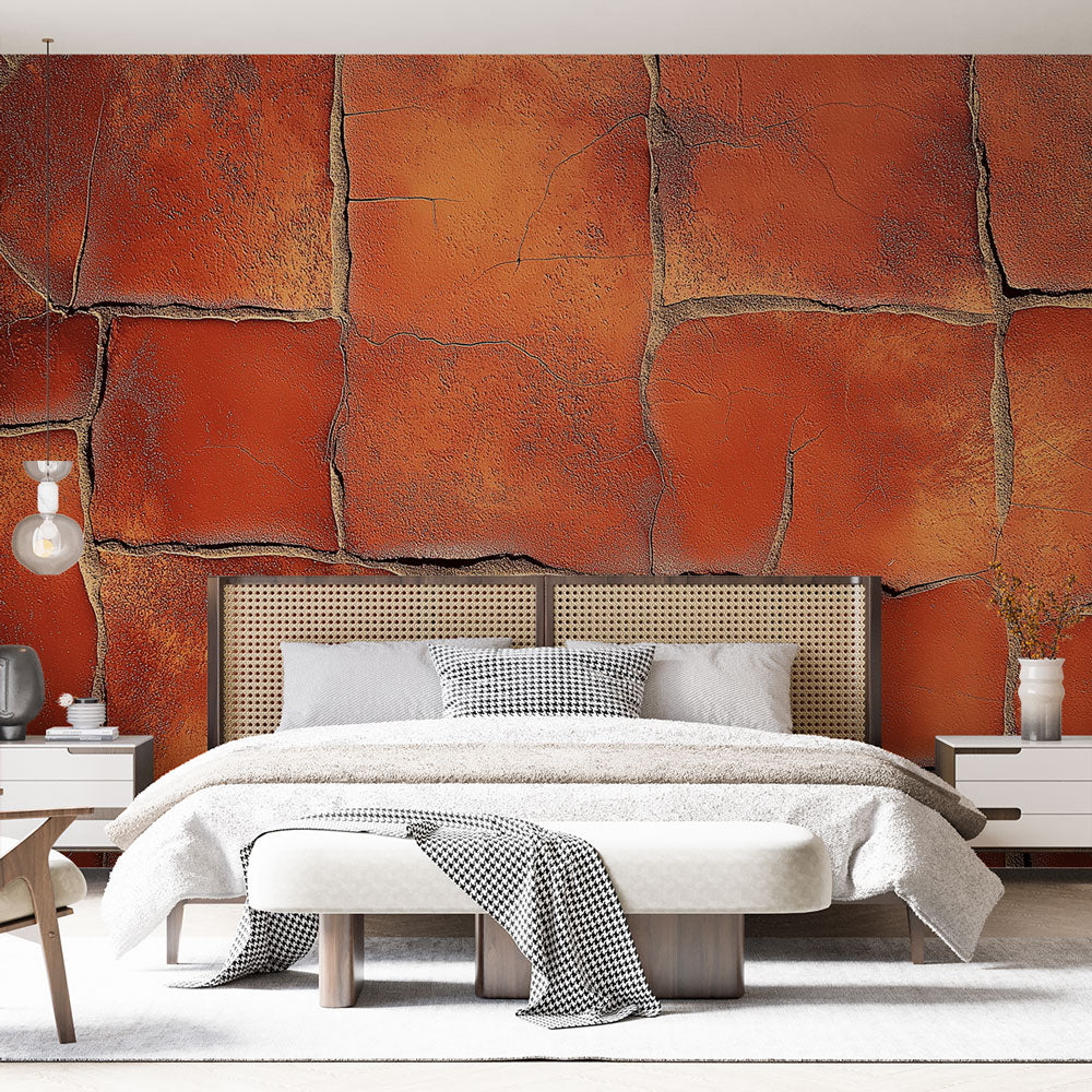 Terracotta stone effect wallpaper in a modern dining room, creating a warm Mediterranean atmosphere with textured wall design